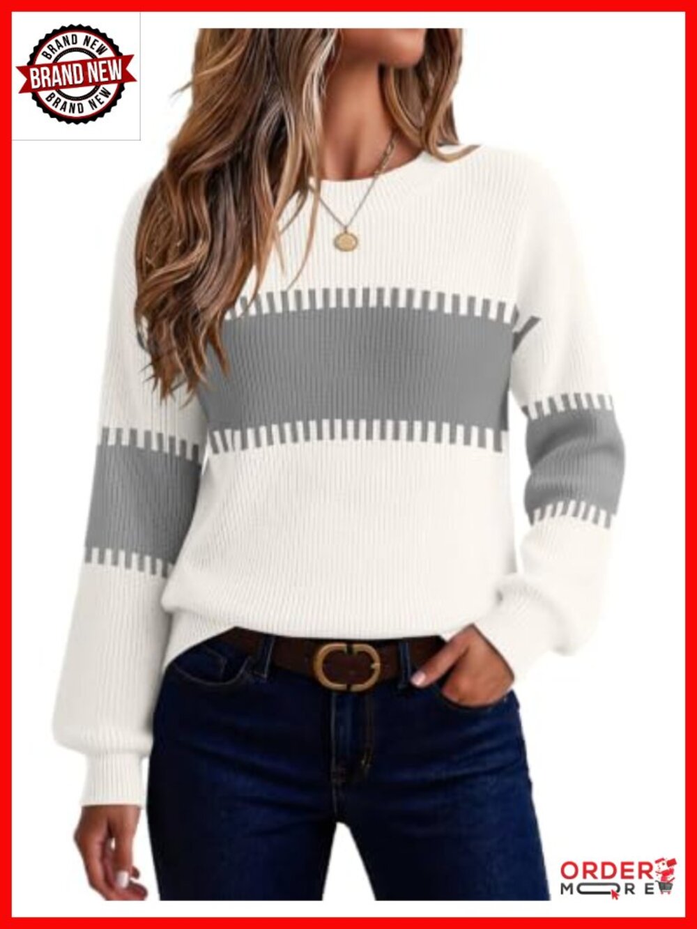 Womens Chunky Knit Crew Neck Pullover Sweater Loose Fit Long Sleeve